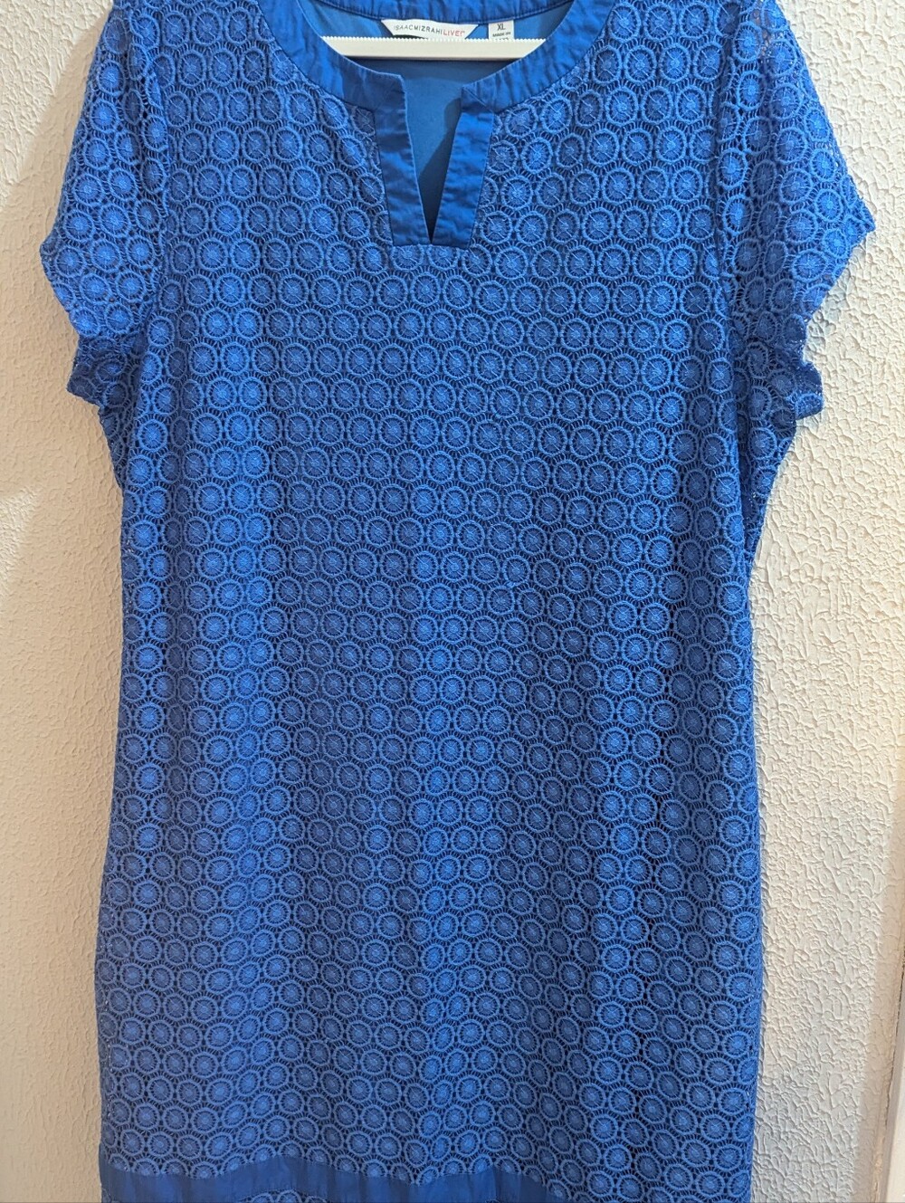 Isaac Mizrahi XL Blue Lace-Overlay Split-Neck Dress
